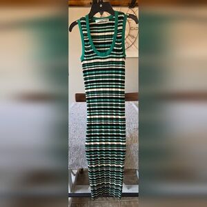 Trina Turk Green, Black & Cream Striped Ribbed Midi Dress
